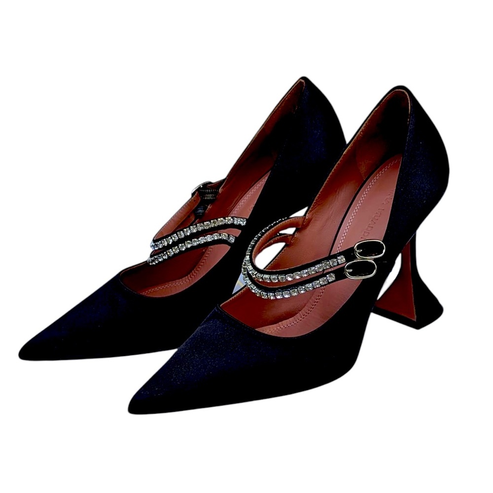 Authentic Amina Muaddi Mary Jane Satin 600 Nero Black High Heels Sz. 36.5 EU/IT